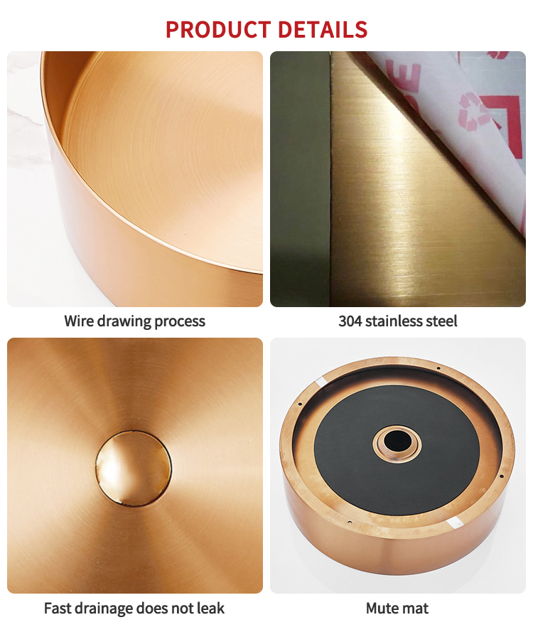 Vessel Round Sink luxury design bathroom stainless steel wash basin with easy to clean outdoor golden sink