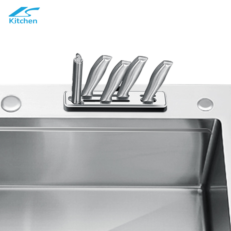 Silver Handmade Large Single Bowl Sink – 16 Gauge Stainless Steel with Knife Rack, Undermount – Deep Basin, Modern Kitchen Design