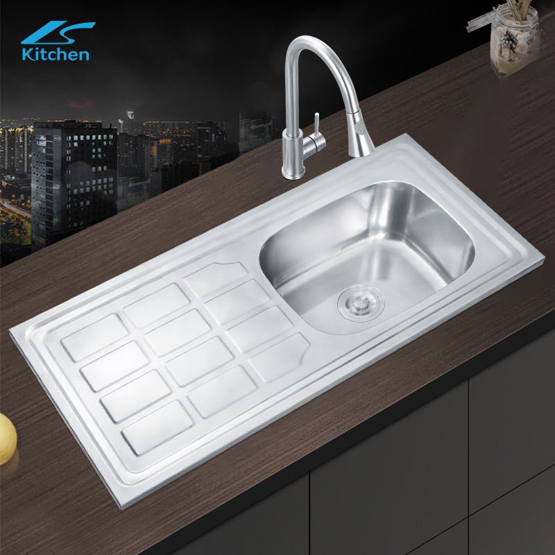 Premium SUS201/304 Stainless Steel Single Bowl Kitchen Sink with Drainboard Square Drop-In Design