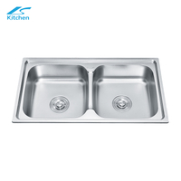 High Quality Stainless Steel Double Bowl Kitchen Sink Rectangular Shape above Counter Factory Installation with One Holes