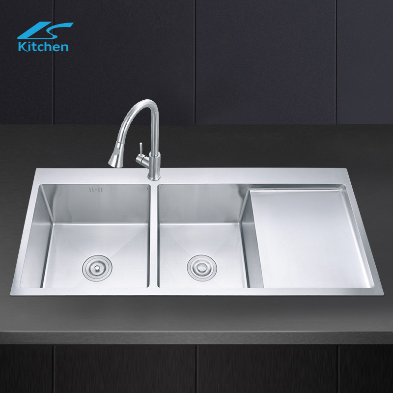 OEM Style Customized Stainless Steel Double Bowl Kitchen Sinks With Water Flow Drainboard Work Table Modern Kitchen Sink