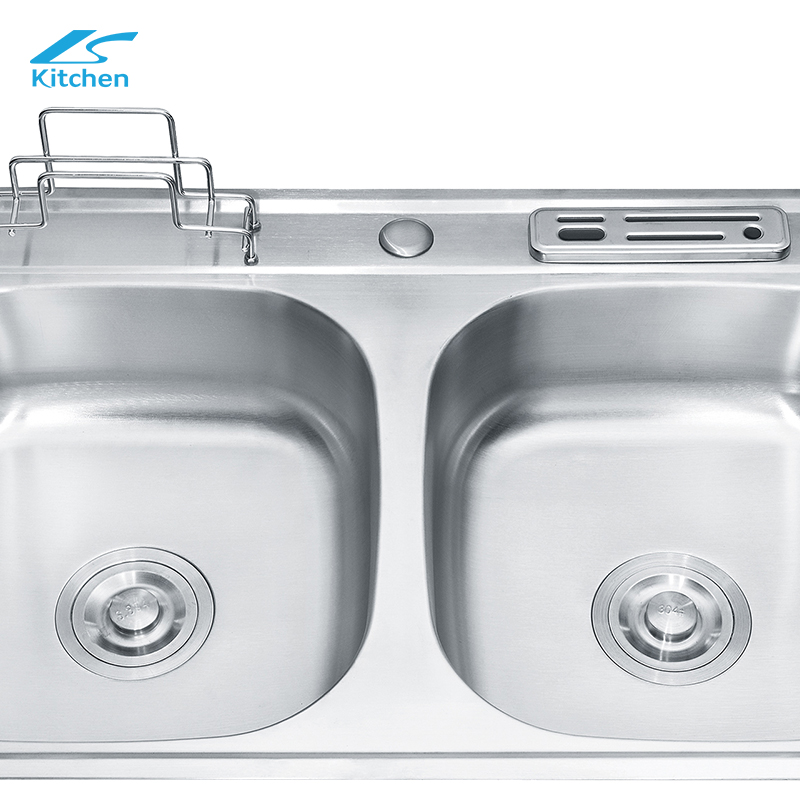 OEM Handmade Double Bowl Stainless Steel Kitchen Sink with Knife and Cutting Board Holder - Stainless Steel Sink