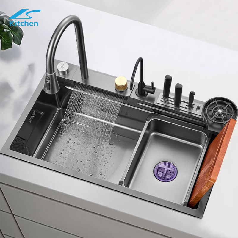SUS304 Stainless Steel Kitchen Sink with Waterfall Smart Embossed Kitchen