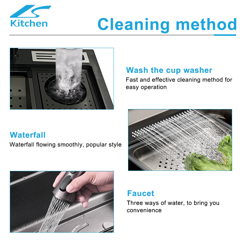 Popular Multifunctional Handmade Modern Waterfall Kitchen Sink Stainless Steel Smart Kitchen Sink
