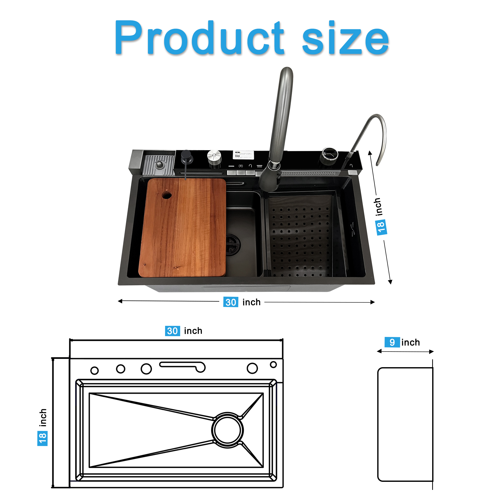 30"x18" Five Button Waterfall Kitchen Sink – Drop In Stainless Steel Single Bowl Workstation Sink