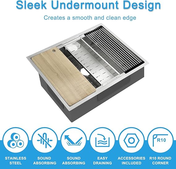 33" Undermount Kitchen Sink Handcrafted Stainless Steel Sink with Deep Basin, Rounded Corners 