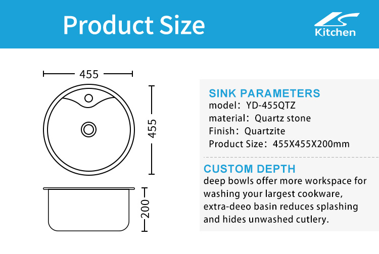 Black modern and simple design quartz stone sink, round household and commercial kitchen and bathroom washbasin