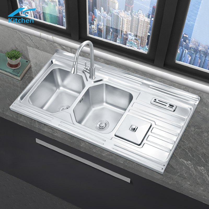 Stainless Steel 304 Topmount Double Bowl Kitchen Sink with Bin Commercial Kitchen Sink