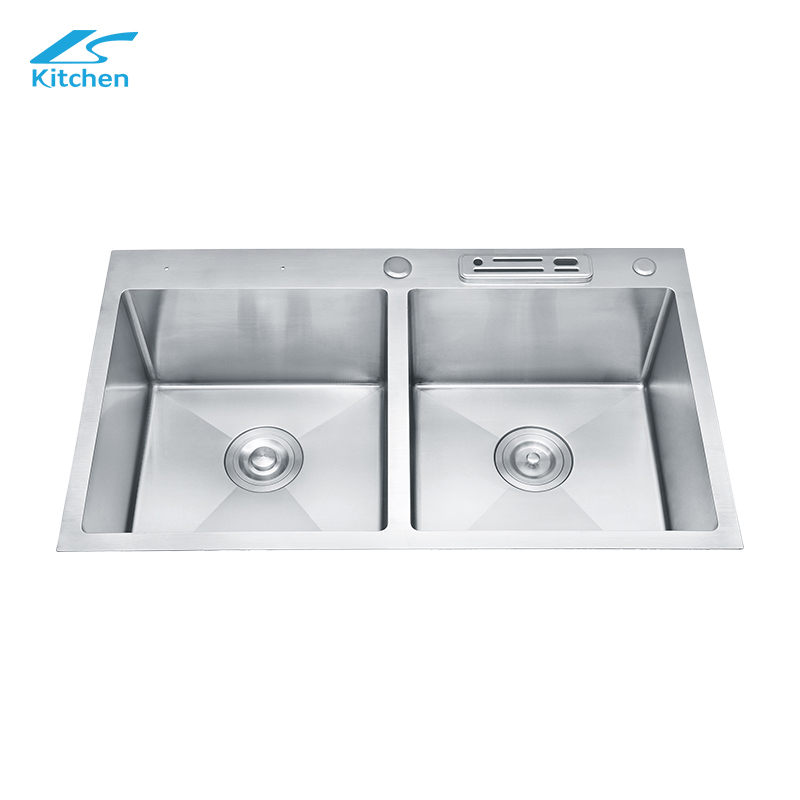 Knife Grooves SUS304 Deep Basin Nano Double Bowl Undermount Handmade Stainless Steel Silver Kitchen Sink