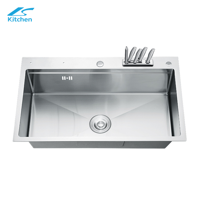 Silver Handmade Large Single Bowl Sink – 16 Gauge Stainless Steel with Knife Rack, Undermount – Deep Basin, Modern Kitchen Design
