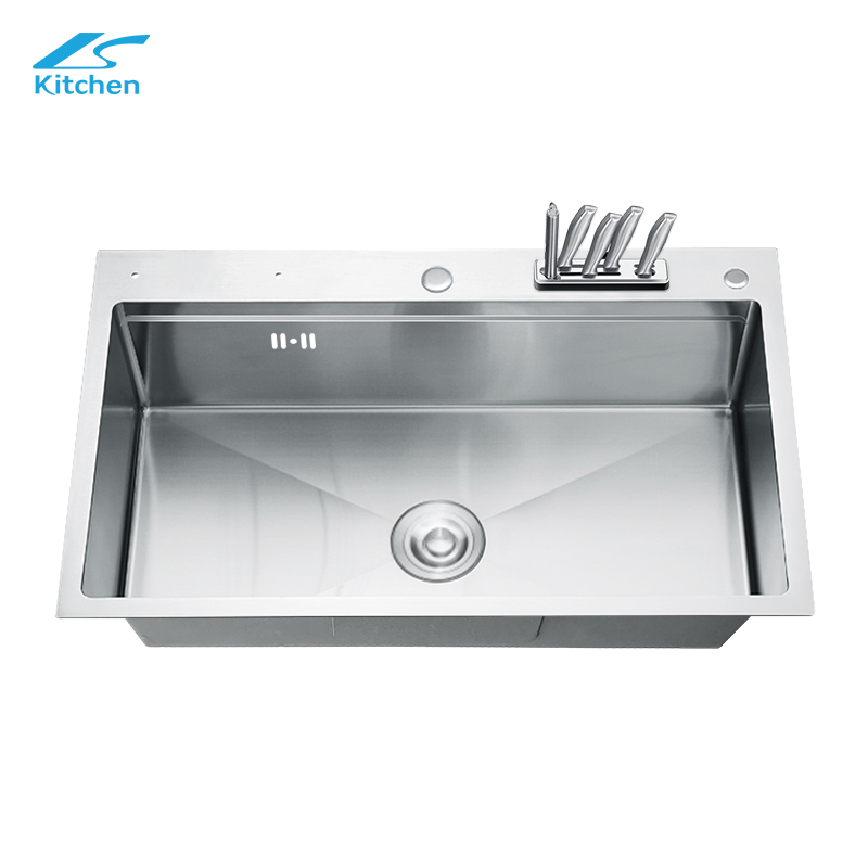 Silver Handmade Large Single Bowl Sink – 16 Gauge Stainless Steel with Knife Rack, Undermount – Deep Basin, Modern Kitchen Design