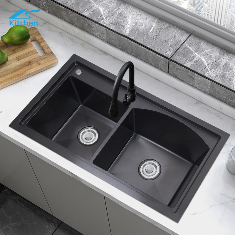 Black Double Bowl Handmade Stainless Steel Sink – Nano Coated, Rectangular Undermount with 2 Faucet Holes – Modern Kitchen Luxury Sink