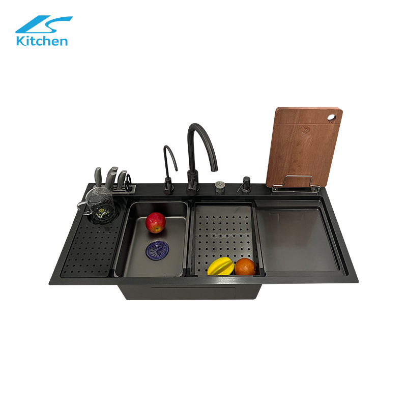 Black Waterfall Kitchen Sink – Large Single Bowl Smart Design with Knife Rack, Purifier, Soap Dispenser – Modern Luxury Kitchen Upgrade