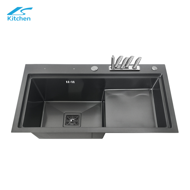 Black Stepped Double Bowl Handmade Sink – 304 Stainless Steel with Knife Rack, Space-Saving Design – Modern Luxury Kitchen Upgrade