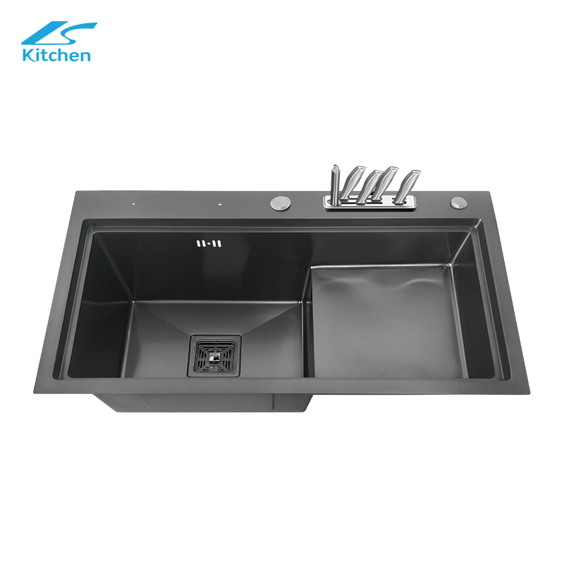 Black Stepped Double Bowl Handmade Sink – 304 Stainless Steel with Knife Rack, Space-Saving Design – Modern Luxury Kitchen Upgrade