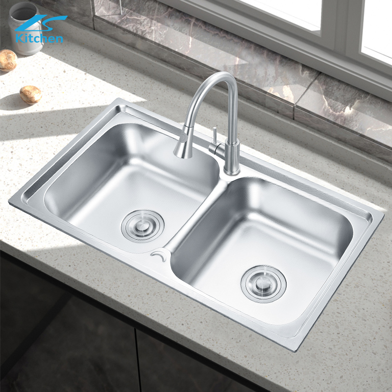High Quality Stainless Steel Double Bowl Kitchen Sink Rectangular Shape above Counter Factory Installation with One Holes