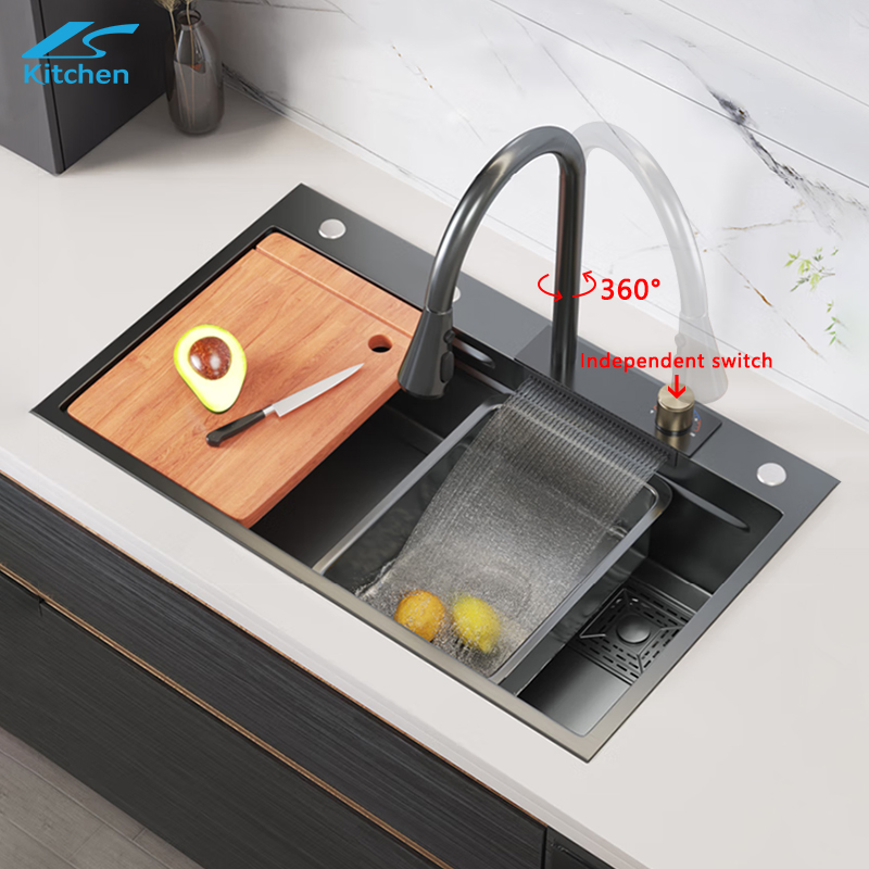 OEM ODM Rectangular Black 304 Single Large Bowl Stainless Steel Farmhouse Handmade Smart Rainfall Multi-function Kitchen Sink