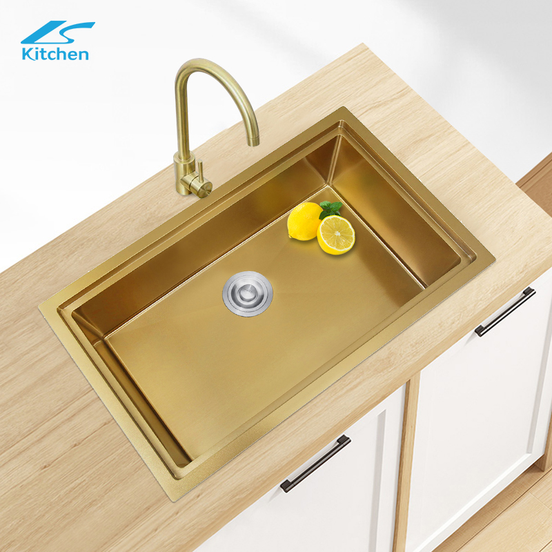 Luxury Style Golden Kitchen Handmade Stainless Steel Sink Stepped Flume with Draining Basket, Roller Shutter Draining Rack, Cutting Board