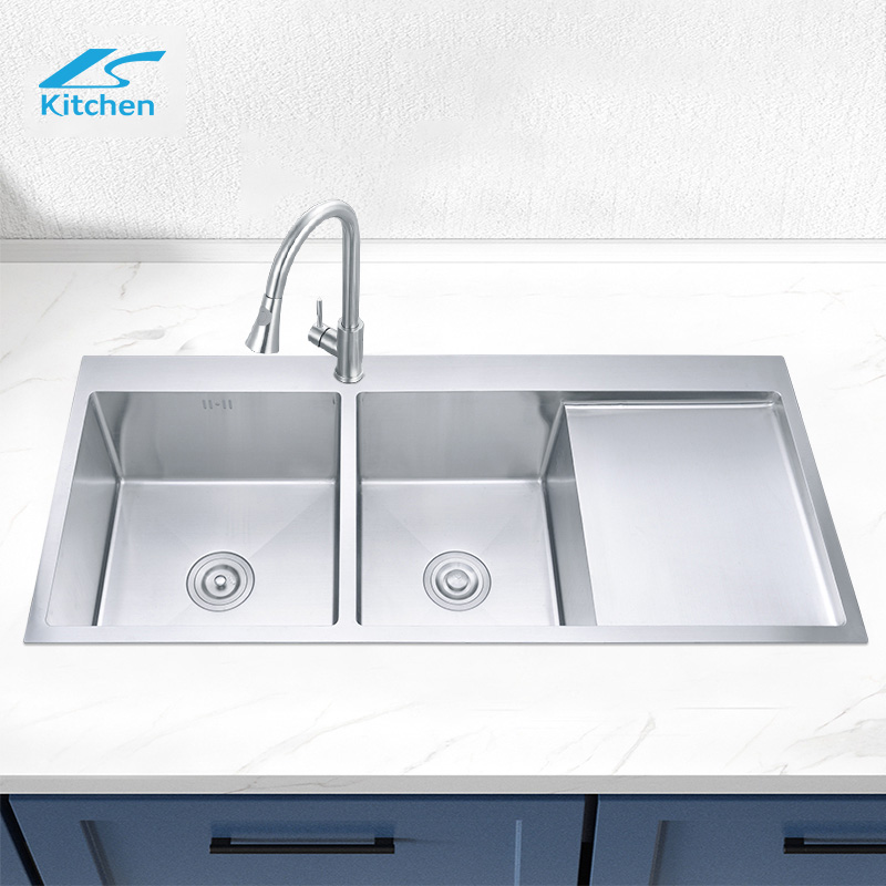 OEM Style Customized Stainless Steel Double Bowl Kitchen Sinks With Water Flow Drainboard Work Table Modern Kitchen Sink