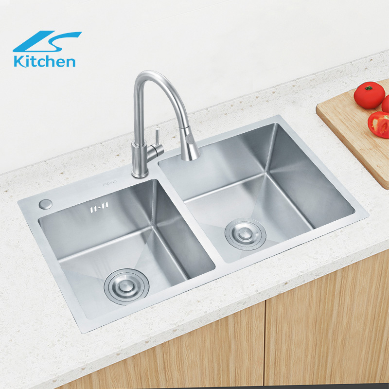 8245Handmade Large bowl kitchen sink 304 stainless steel silver sink double bowl countertop sink