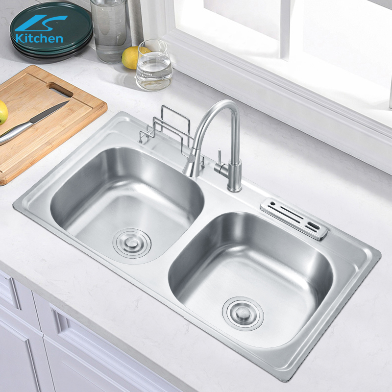 OEM Handmade Double Bowl Stainless Steel Kitchen Sink with Knife and Cutting Board Holder - Stainless Steel Sink