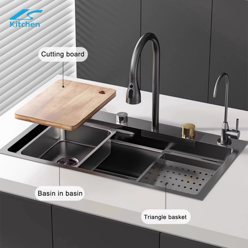 Modern Multifunction Rectangular Single Bowl Stainless Steel Waterfall Kitchen Sink