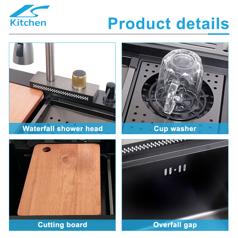 Popular Multifunctional Handmade Modern Waterfall Kitchen Sink Stainless Steel Smart Kitchen Sink