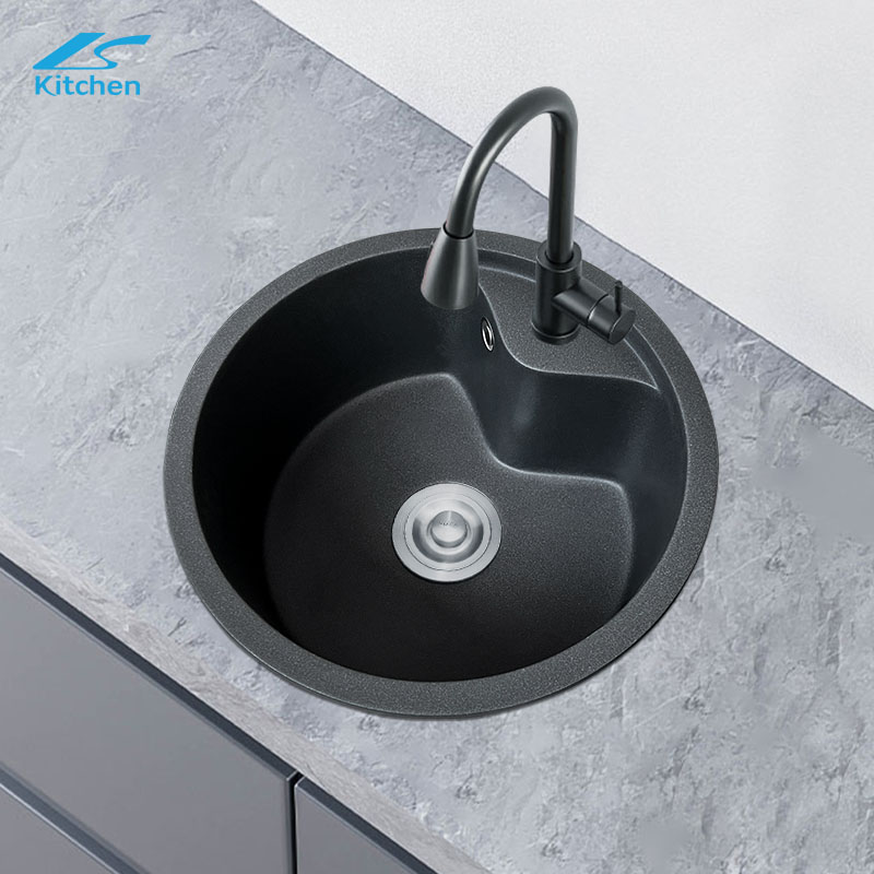 Black modern and simple design quartz stone sink, round household and commercial kitchen and bathroom washbasin