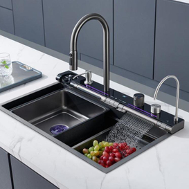 7545Whale 304 sink key digital display waterfall rain sink stainless steel large single trough manual basin washing dishes under the basin