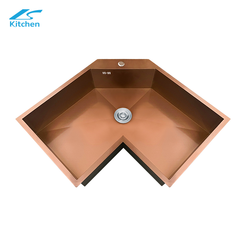 House kitchen rose gold corner special-shaped sink, L-shaped corner sink, large single sink, 304 stainless steel customized sink
