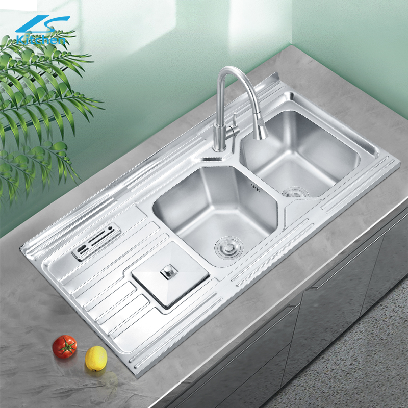 Stainless Steel 304 Topmount Double Bowl Kitchen Sink with Bin Commercial Kitchen Sink