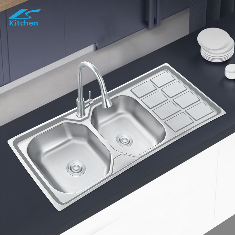 Polishing Commercial Kitchen Double Basin Sink with Drainboard for One - Stop Kitchen Project