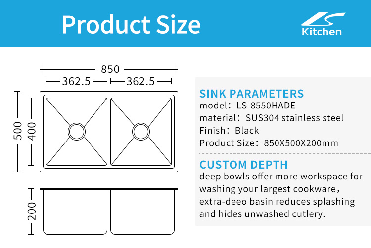 8550 Handmade Family Kitchen Black Sink Stainless Steel Noise-proof Treatment, Modern and Simple Style Undermount Double Bowl Sink 