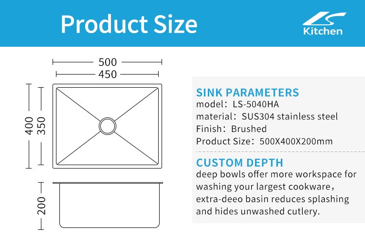 Singe Handmade Golden Basin 19.6” for Undermount Installation 304 Stainless Steel Kitchen Sink 