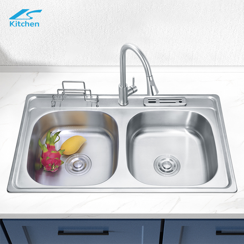 OEM Handmade Double Bowl Stainless Steel Kitchen Sink with Knife and Cutting Board Holder - Stainless Steel Sink