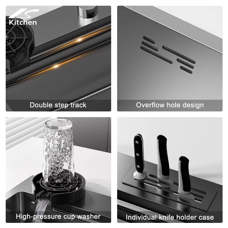 Modern Multifunction Rectangular Single Bowl Stainless Steel Waterfall Kitchen Sink