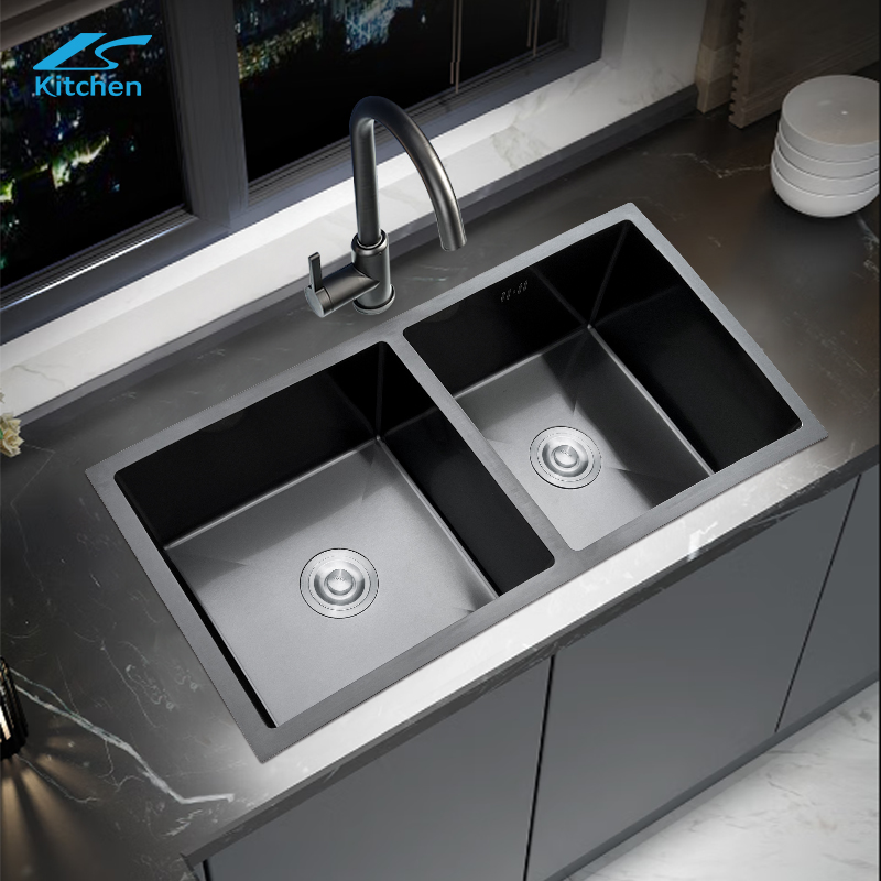 34.65" Large Kitchen Black Handmade Sink Double bowl without Faucet Durable and rust protection suitable for Workstation 