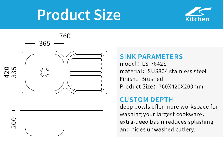 Brushed Silver SUS 304 Stainless Steel Single Bowl Kitchen Sink with Utility Shelf – Top Mount Design for Home and Rural Kitchens 