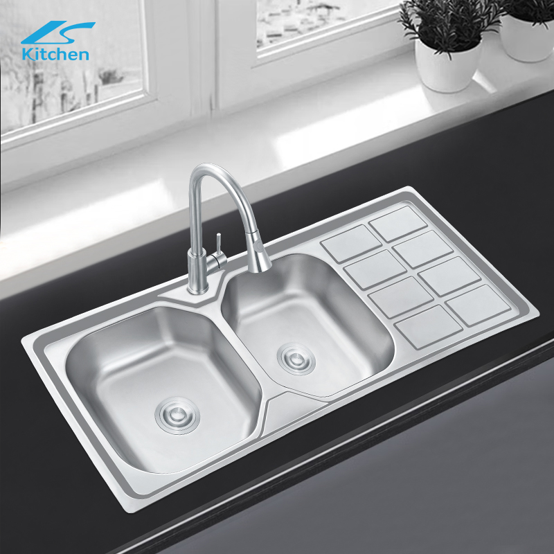 Polishing Commercial Kitchen Double Basin Sink with Drainboard for One - Stop Kitchen Project