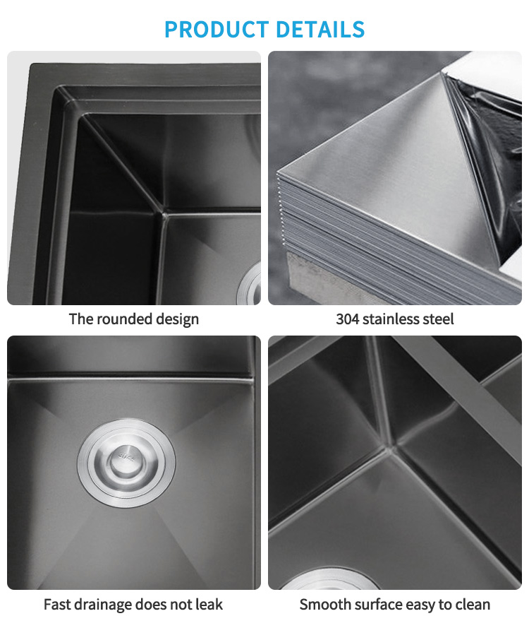 8550 Handmade Family Kitchen Black Sink Stainless Steel Noise-proof Treatment, Modern and Simple Style Undermount Double Bowl Sink 