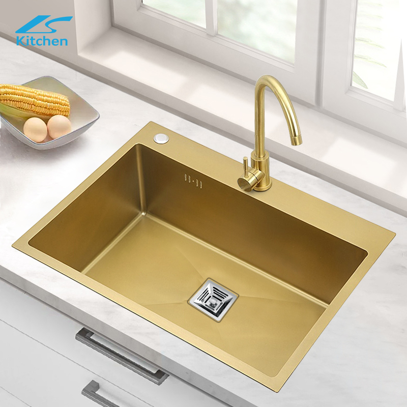 Modern Luxury Style Golden Kitchen Handmade Stainless Steel Sink Large Single Bowl Countertop Basin