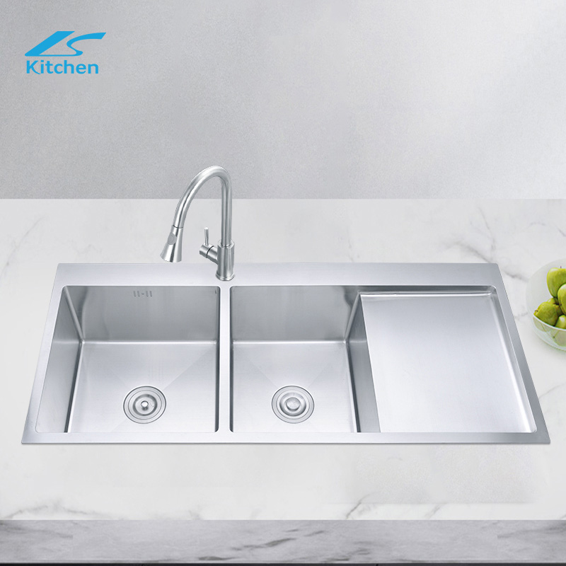 OEM Style Customized Stainless Steel Double Bowl Kitchen Sinks With Water Flow Drainboard Work Table Modern Kitchen Sink