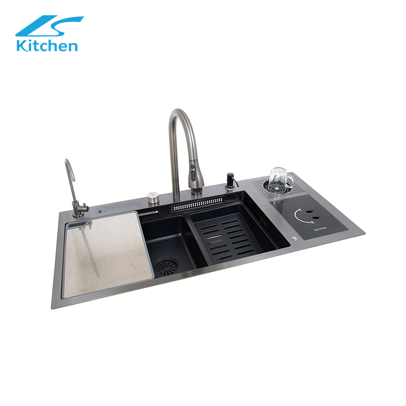  Latest Black Luxury Waterfall Smart Nano Garbage Kitchen Sink in Modern Home Kitchen with Waste Bin Cover
