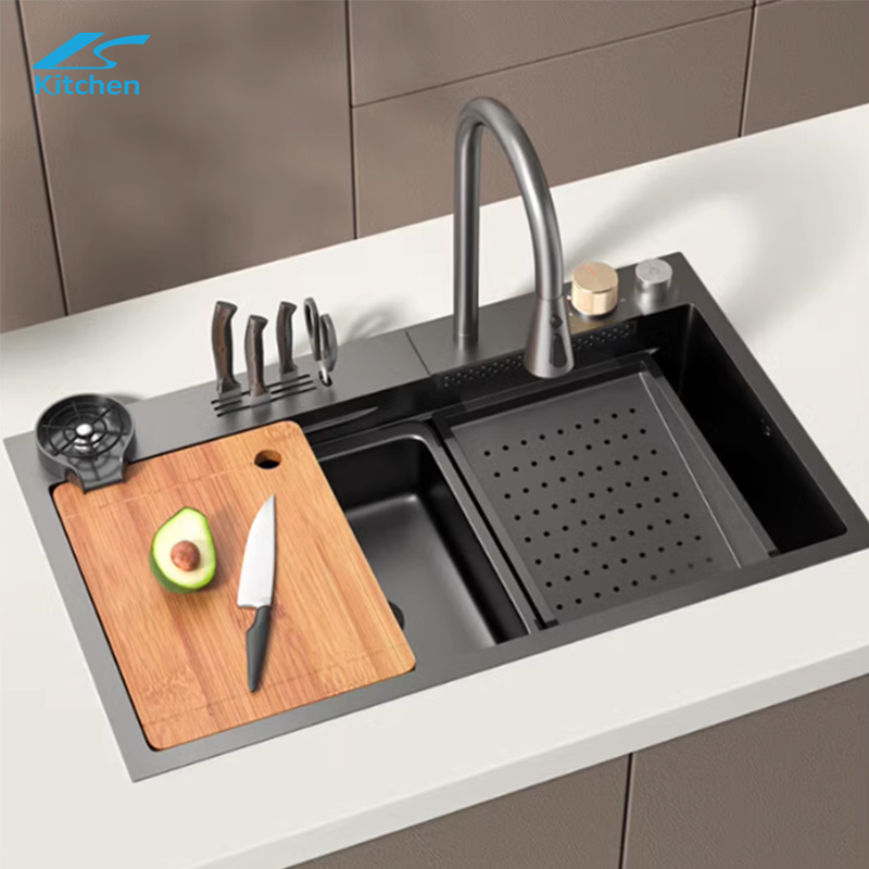 Modern Multifunction Rectangular Single Bowl Stainless Steel Waterfall Kitchen Sink
