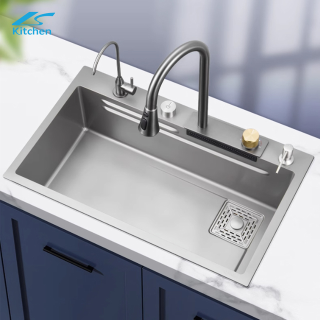 SUS304 Stainless Steel Kitchen Sink with Waterfall Smart Embossed Kitchen