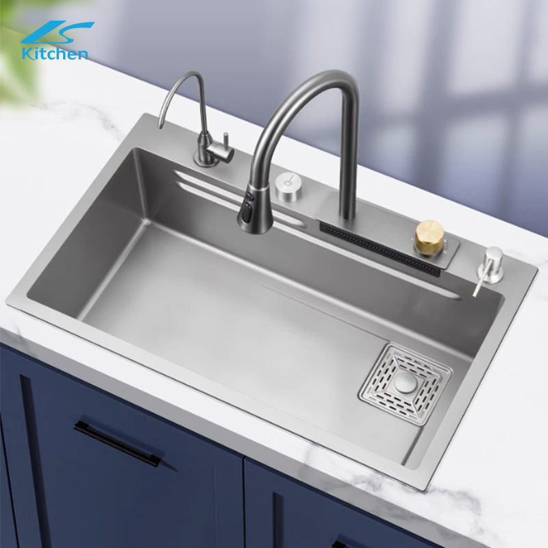 SUS304 Stainless Steel Kitchen Sink with Waterfall Smart Embossed Kitchen