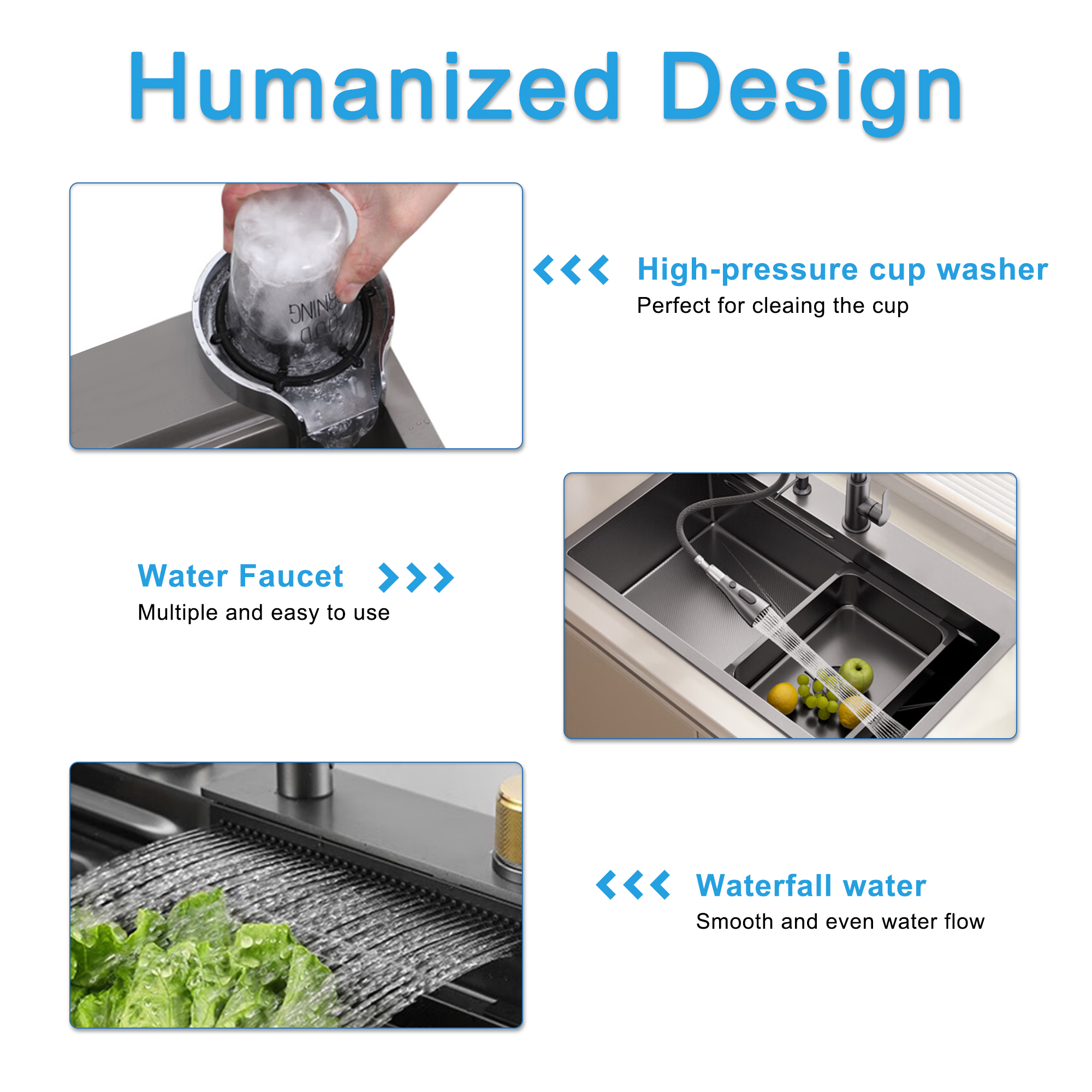 33 inches Waterfall Kitchen Sink, Top mount Single Bowl Sink,16 Gauge Multifunctional Stainless Steel Sink 