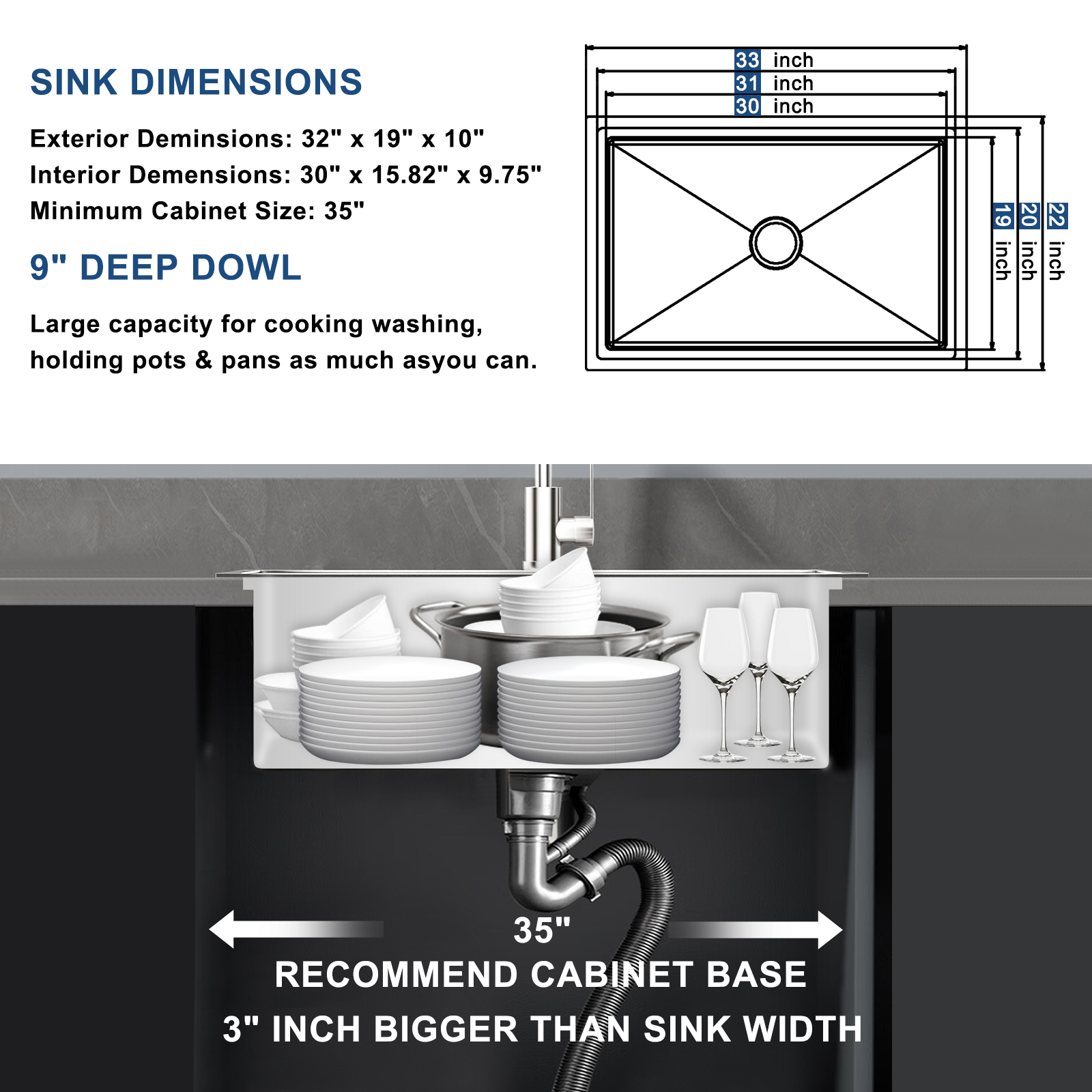 Undermount Sliver Kitchen Sink 33' Handcrafted Stainless Steel Sink with large Space