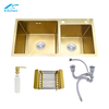 Gold High Grade Factory Custom Handmade Kitchen Sink Double Basin with one large size and one small size Stainless Steel Sink