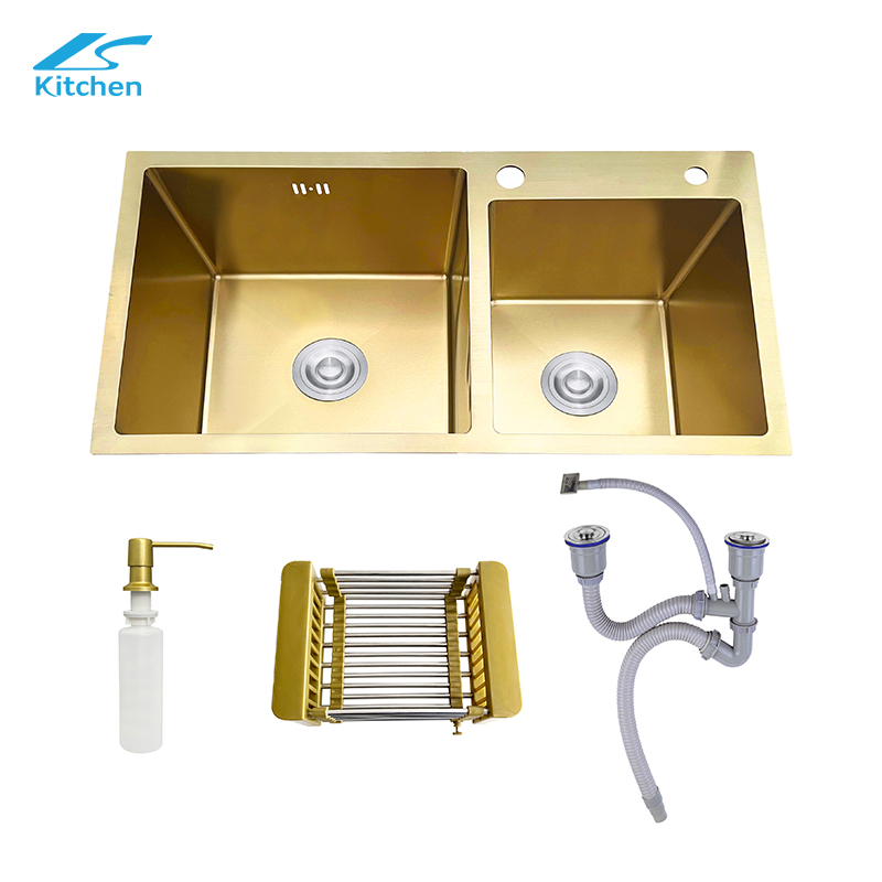 Gold High Grade Factory Custom Handmade Kitchen Sink Double Basin with one large size and one small size Stainless Steel Sink